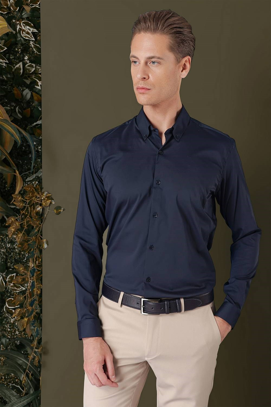 Slim Fit Düğmeli Yaka Esnek Pamuk Klasik Lacivert Gömlek Gk 708