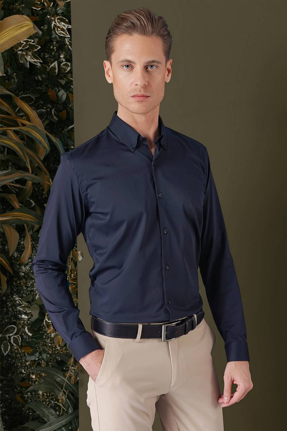 Slim Fit Düğmeli Yaka Esnek Pamuk Klasik Lacivert Gömlek Gk 708