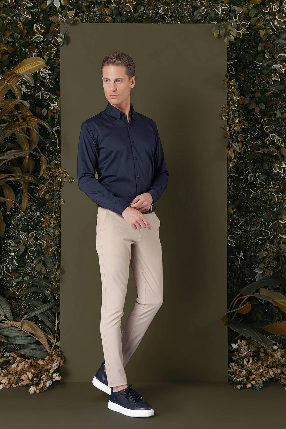 Slim Fit Düğmeli Yaka Esnek Pamuk Klasik Lacivert Gömlek Gk 708