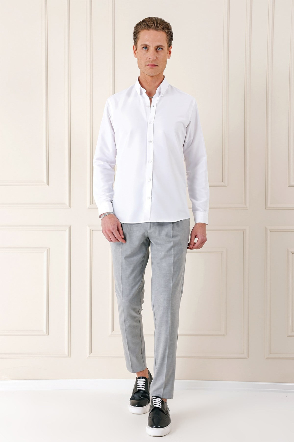 Slim Fit Düğmeli Yaka Esnek Pamuklu Beyaz Gömlek Gk 715