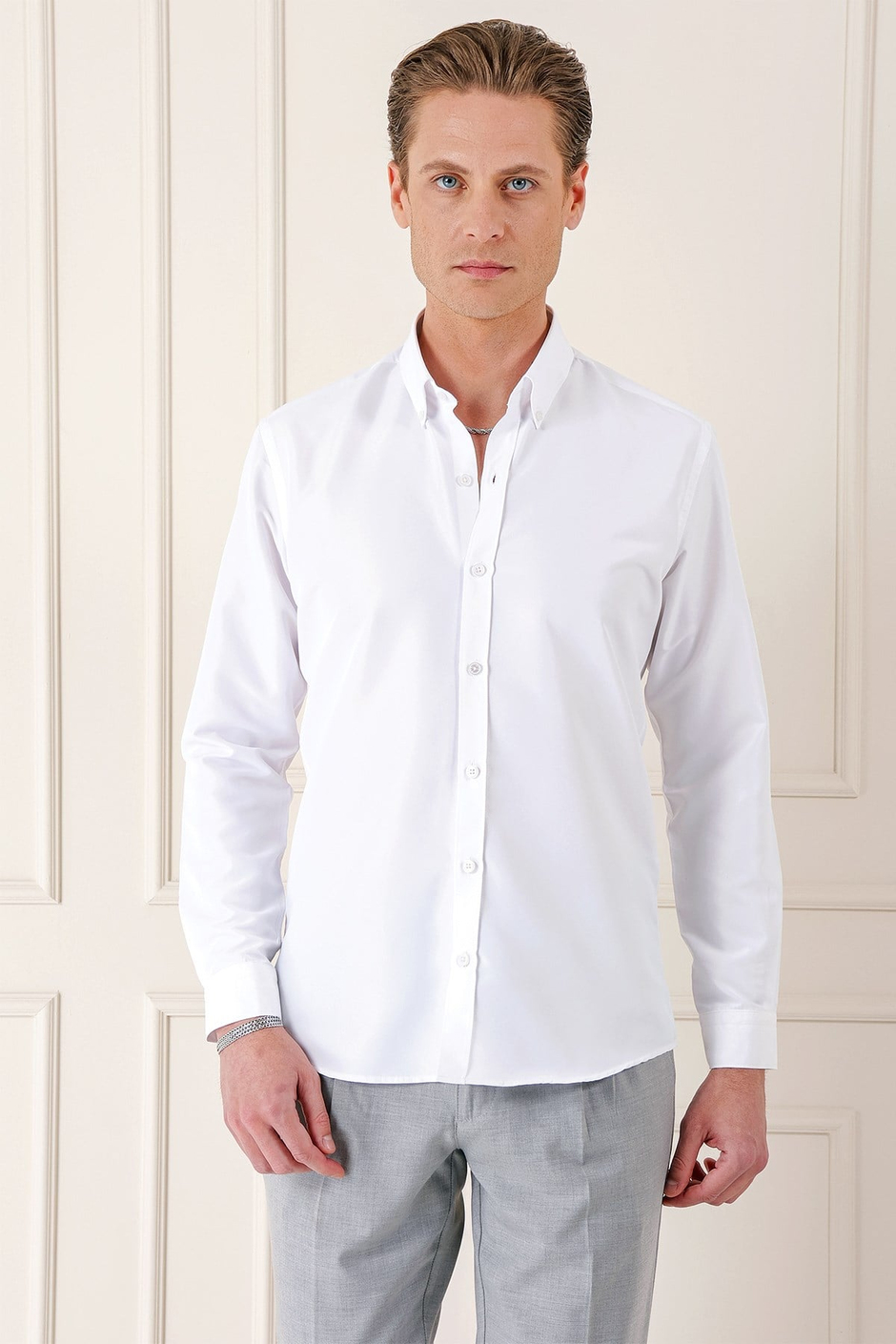 Slim Fit Düğmeli Yaka Esnek Pamuklu Beyaz Gömlek Gk 715