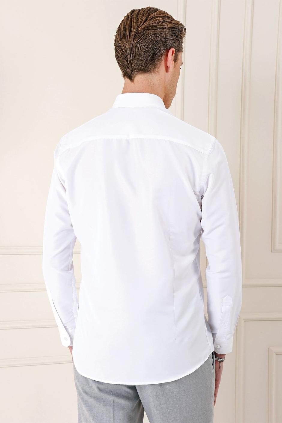 Slim Fit Düğmeli Yaka Esnek Pamuklu Beyaz Gömlek Gk 715