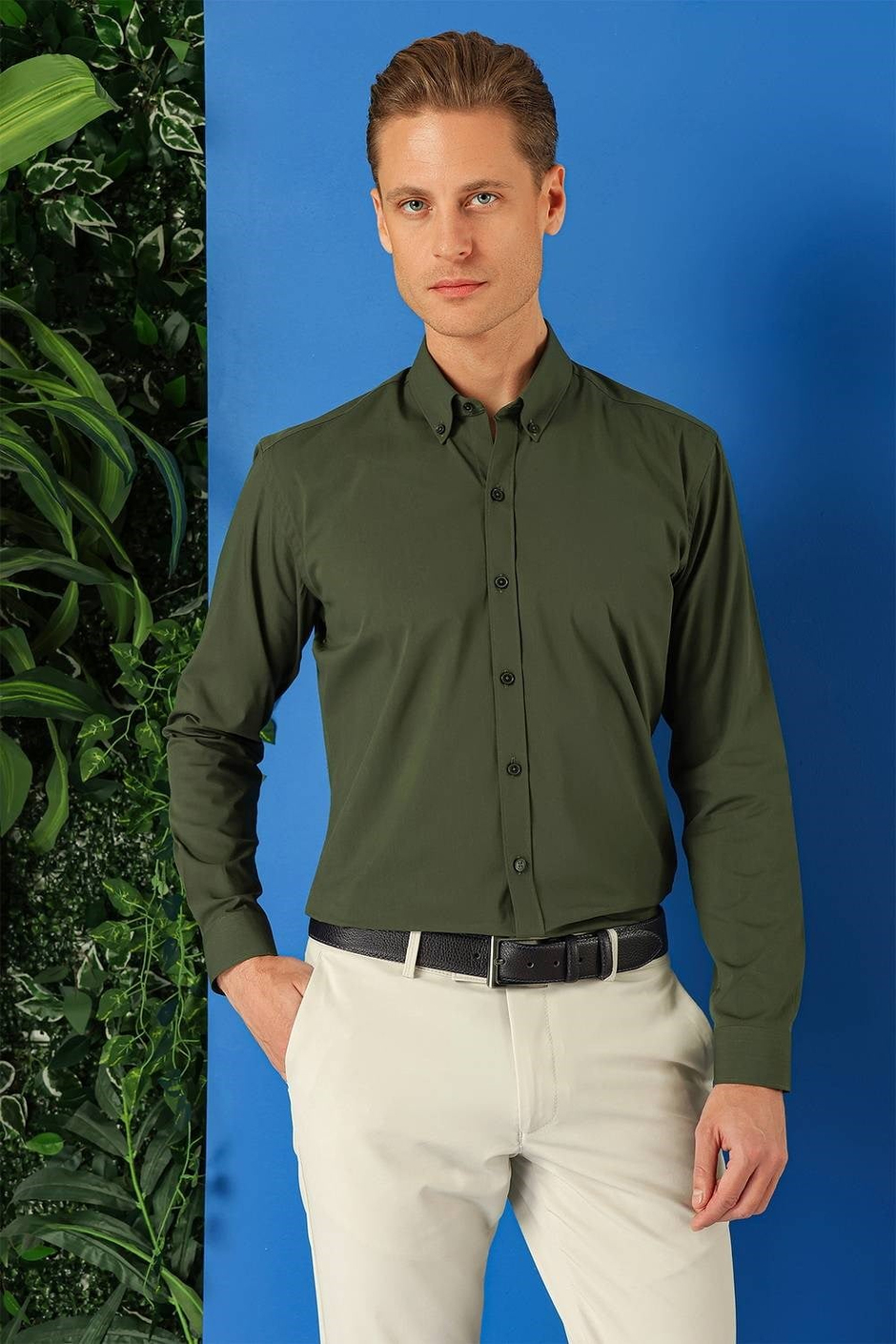 Slim Fit Düğmeli Yaka Esnek Pamuklu Haki Gömlek Gk 715