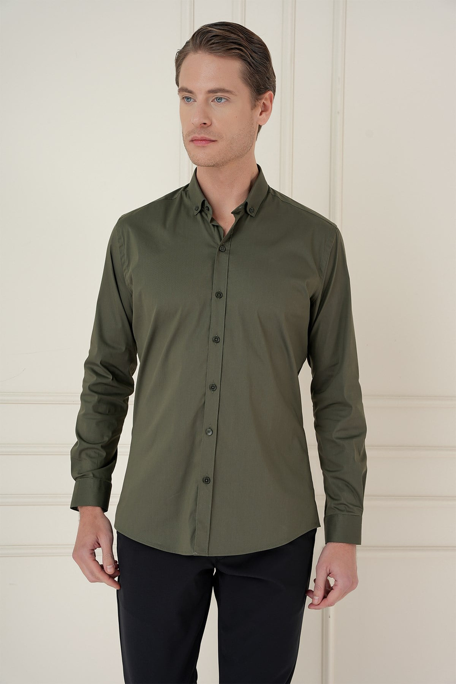 Slim Fit Düğmeli Yaka Esnek Pamuklu Haki Gömlek GK 746