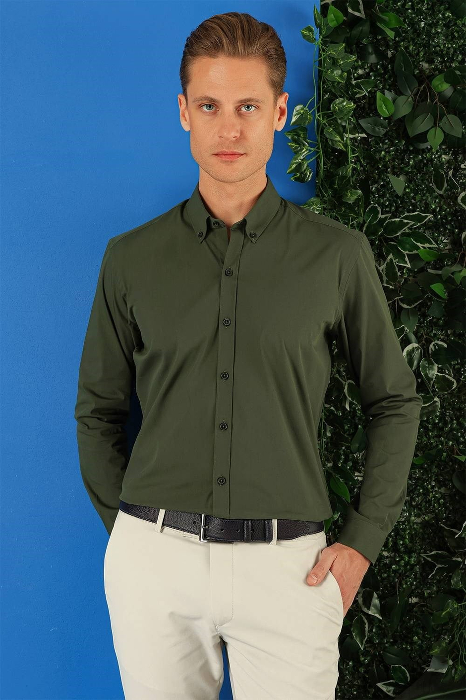 Slim Fit Düğmeli Yaka Esnek Pamuklu Haki Gömlek Gk 715