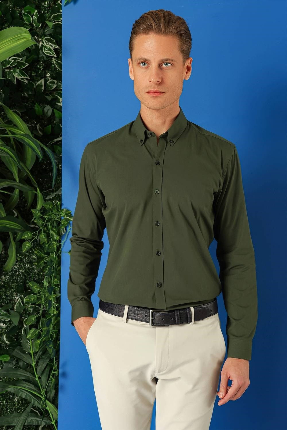 Slim Fit Düğmeli Yaka Esnek Pamuklu Haki Gömlek Gk 715