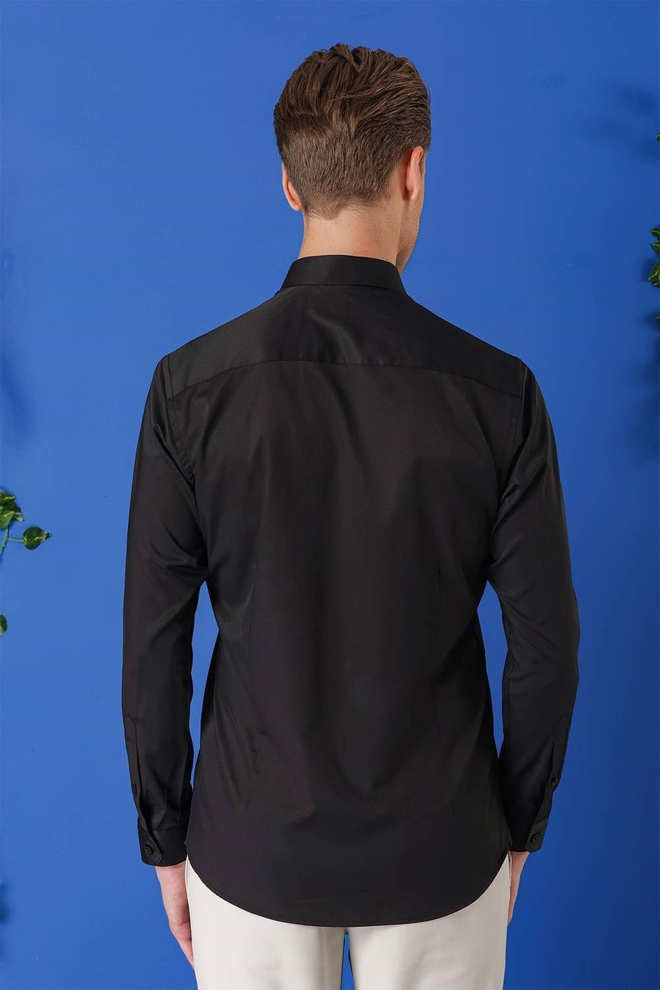 Slim Fit Düğmeli Yaka Esnek Pamuklu Siyah Gömlek Gk 714