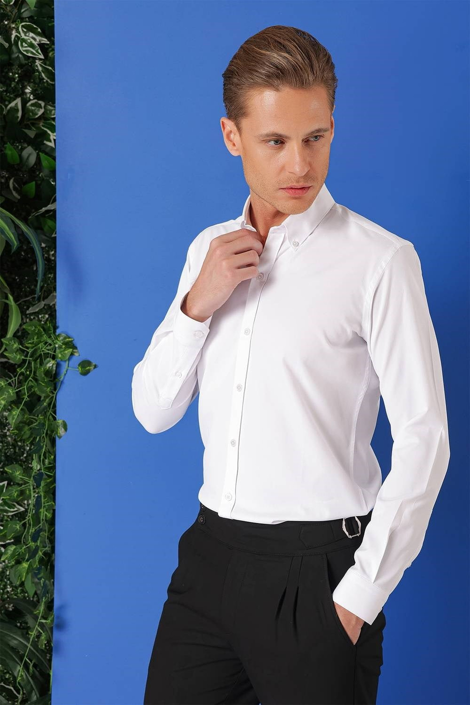 Slim Fit Düğmeli Yaka Pamuklu Klasik Beyaz Gömlek Gk 714