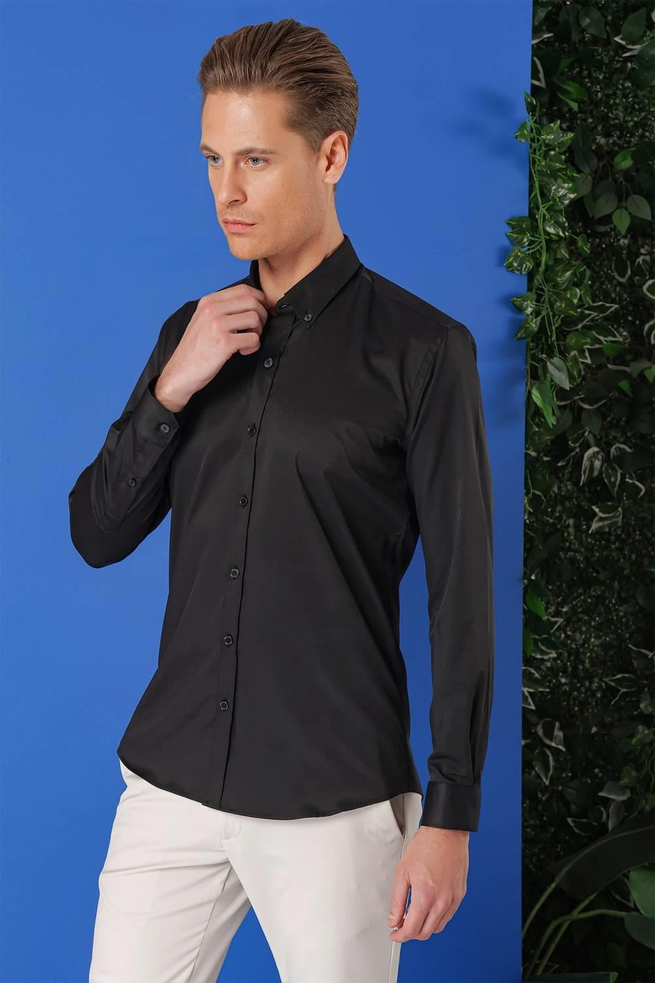 Slim Fit Düğmeli Yaka Esnek Pamuklu Siyah Gömlek Gk 714