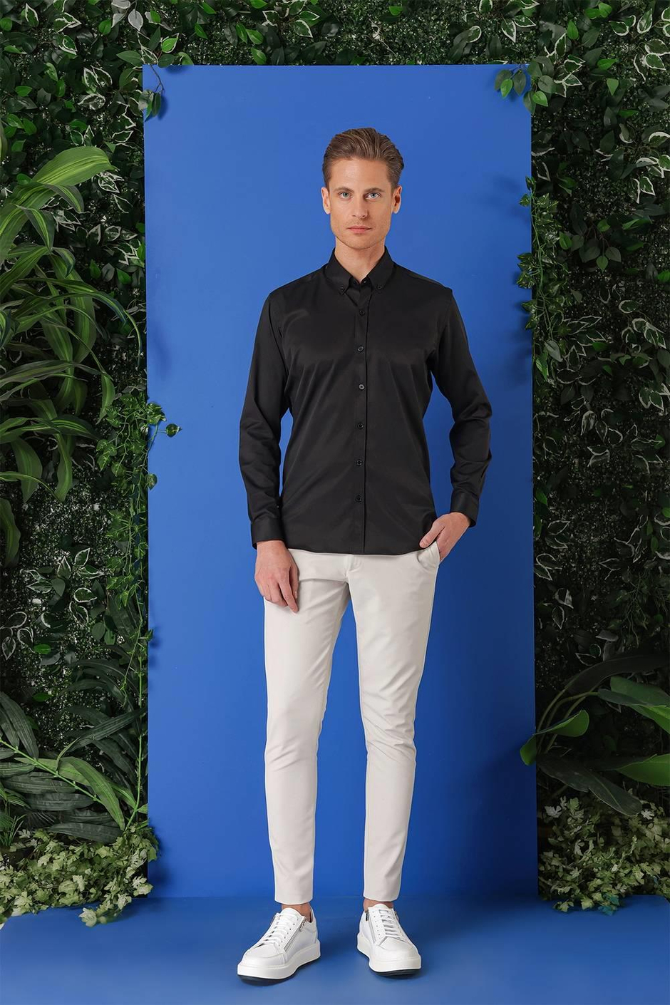 Slim Fit Düğmeli Yaka Esnek Pamuklu Siyah Gömlek Gk 714
