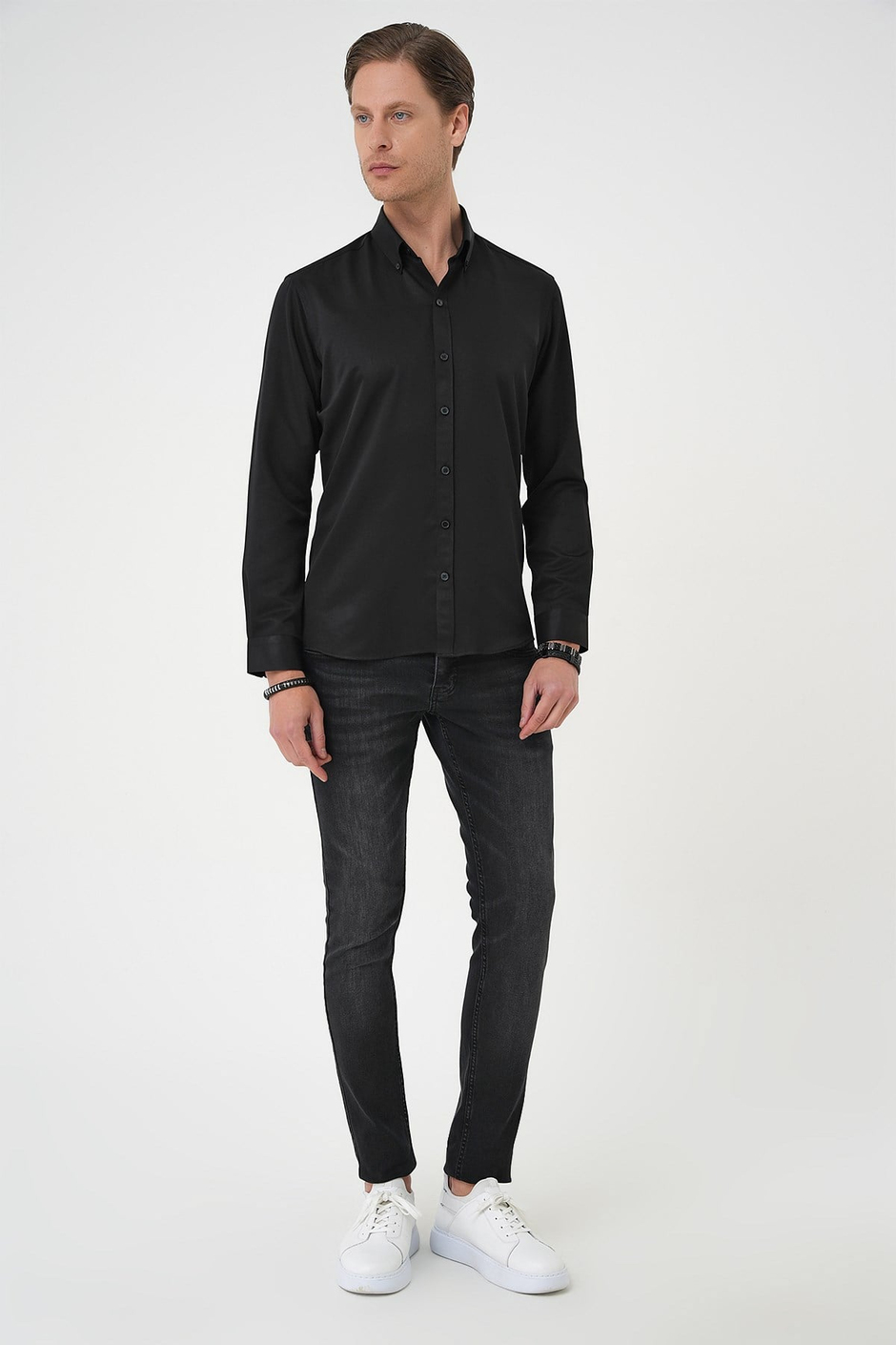 Slim Fit Düğmeli Yaka Pamuklu Siyah Gömlek Gk 736
