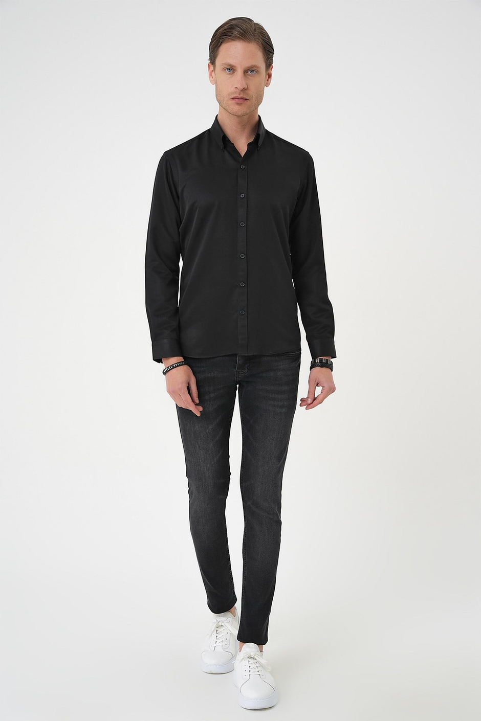Slim Fit Düğmeli Yaka Pamuklu Siyah Gömlek Gk 736
