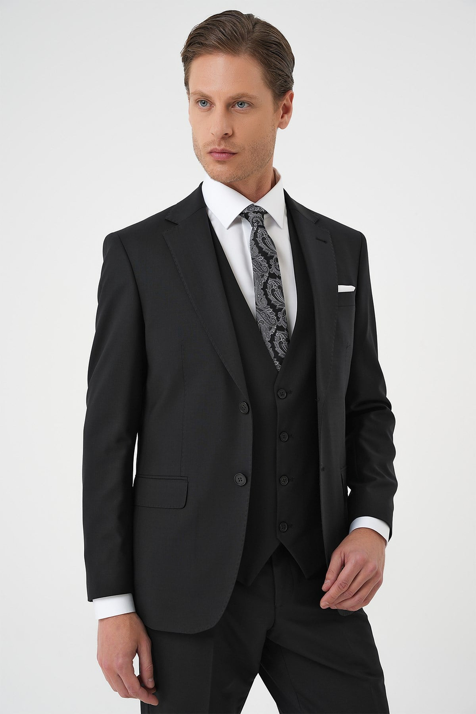 Slim Fit Düz Esnek Yelekli Klasik Siyah Takım Elbise Tk 894
