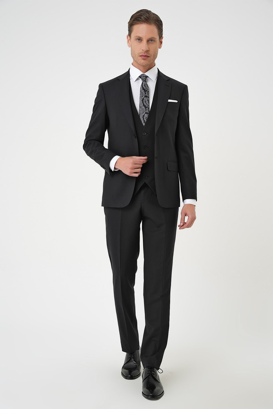 Slim Fit Düz Esnek Yelekli Klasik Siyah Takım Elbise Tk 894