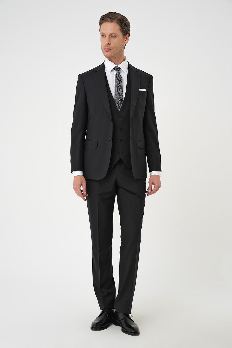 Slim Fit Düz Esnek Yelekli Klasik Siyah Takım Elbise Tk 894