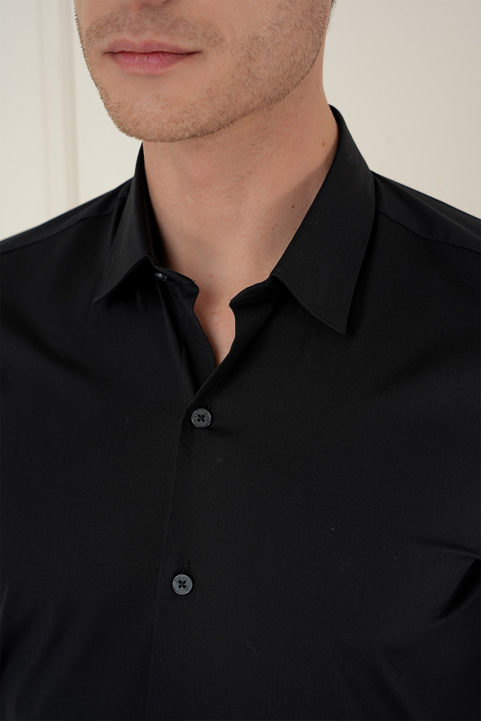 Slim Fit Erkek Yaka Esnek Pamuk Uzun Kol Siyah Gömlek GK 745