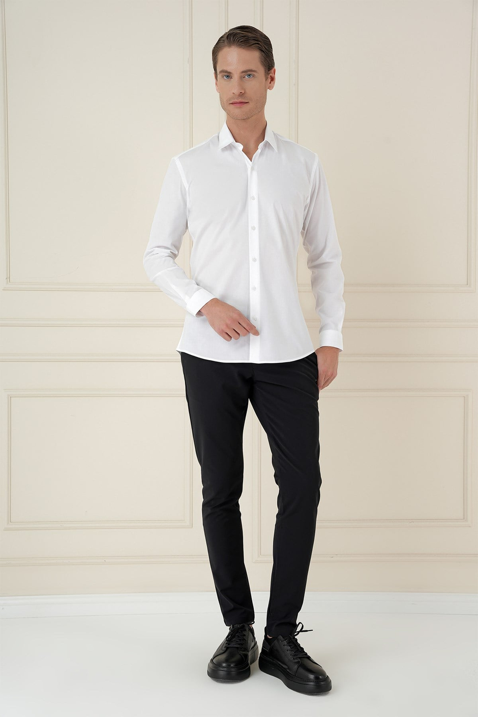 Slim Fit Erkek Yaka Esnek Pamuk Uzun Kol Beyaz Gömlek GK 745