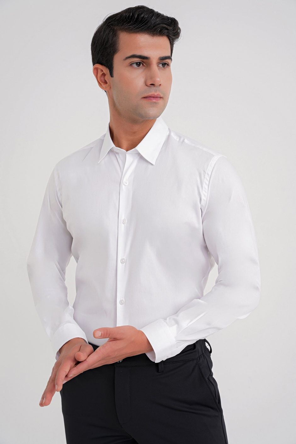 Slim Fit Erkek Yaka Esnek Pamuklu Beyaz Gömlek GK 747