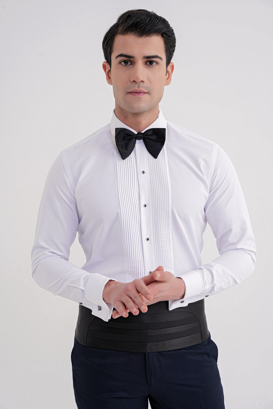 Slim Fit Erkek Yaka Önü Pliseli Beyaz Smokin Gömlek GK 730