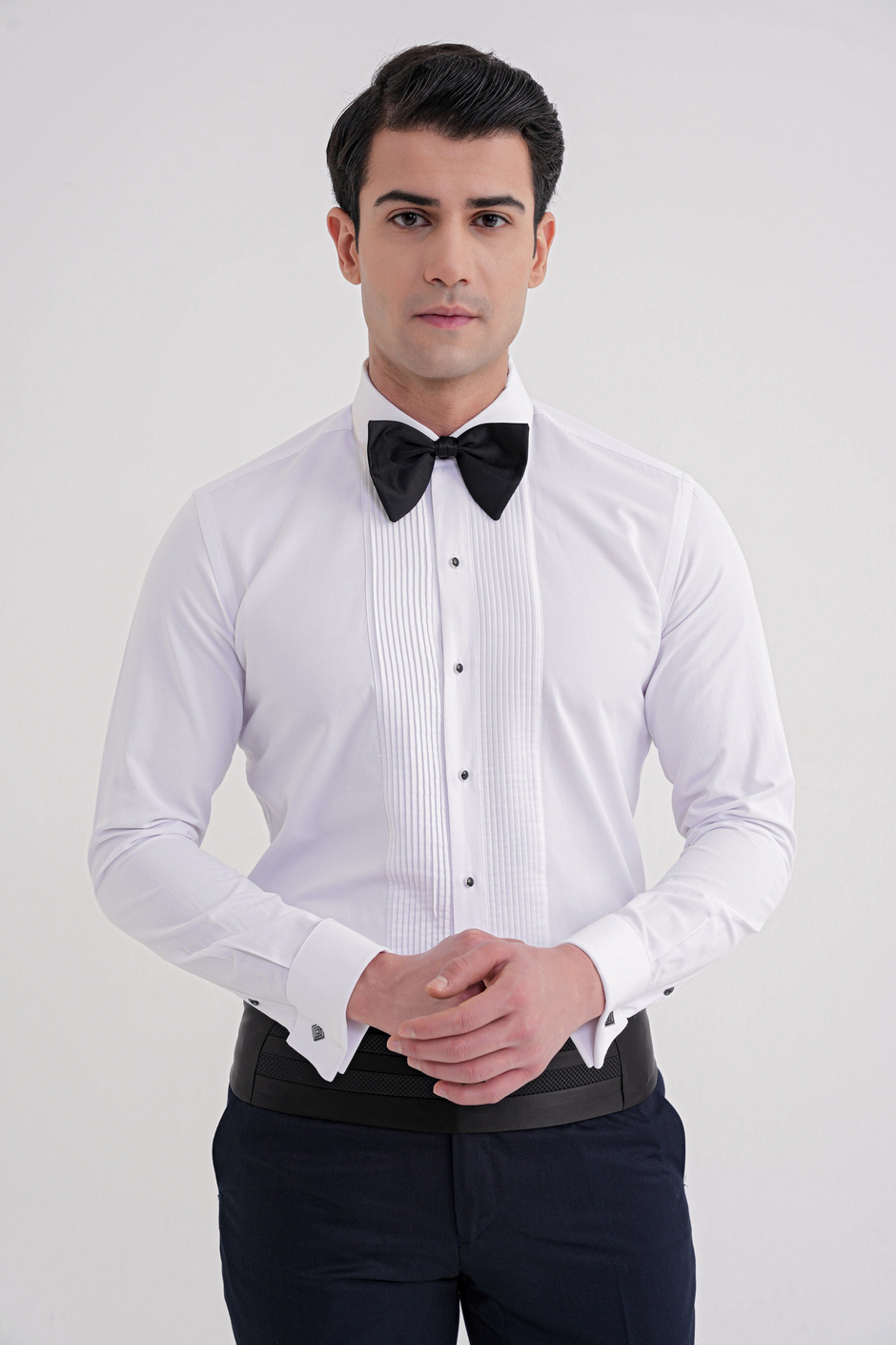 Slim Fit Erkek Yaka Önü Pliseli Beyaz Smokin Gömlek GK 730