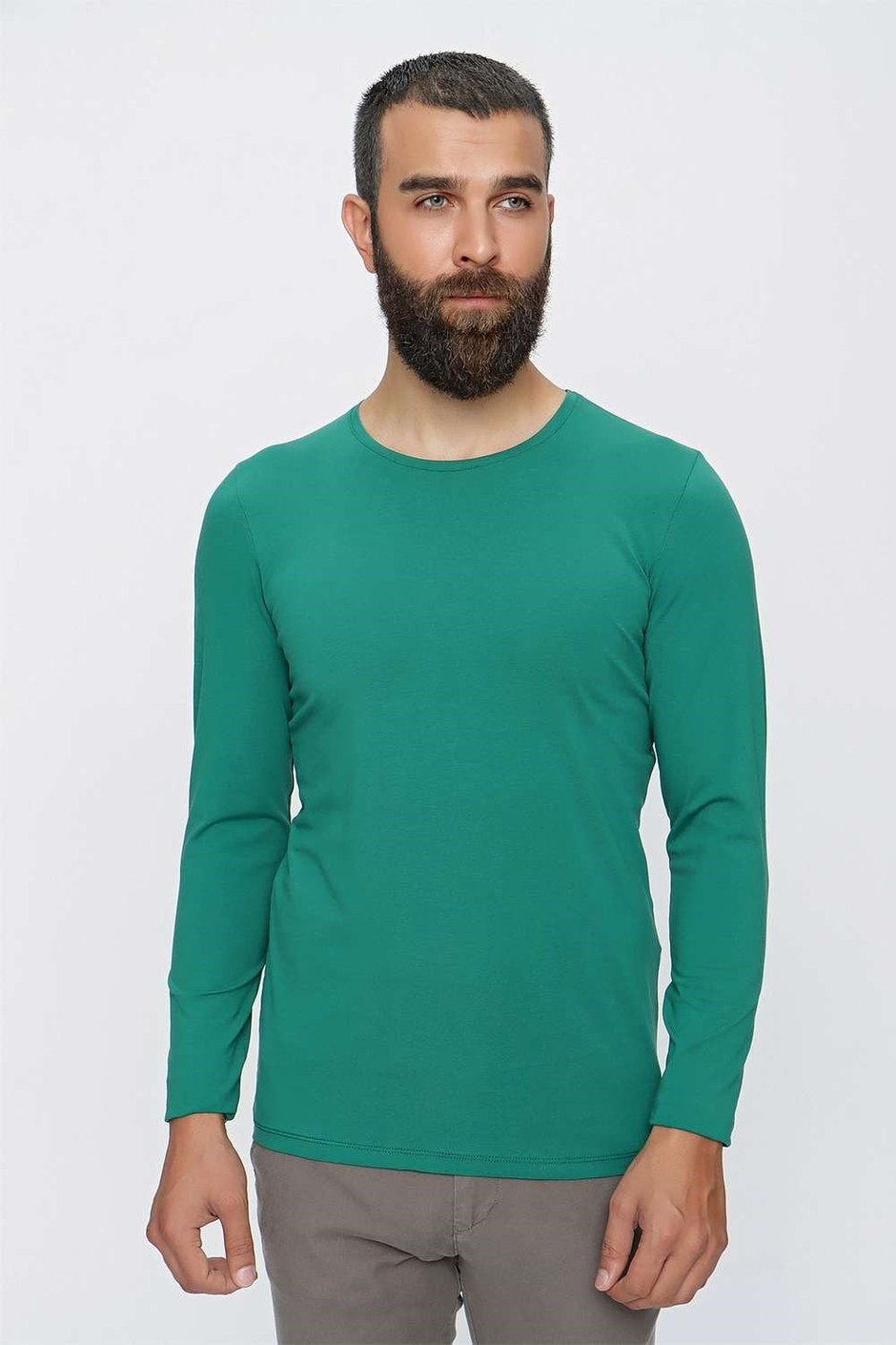 Slim Fit Esnek Pamuklu Bisiklet Yaka Uzun Kollu Yeşil Tişört TS 830