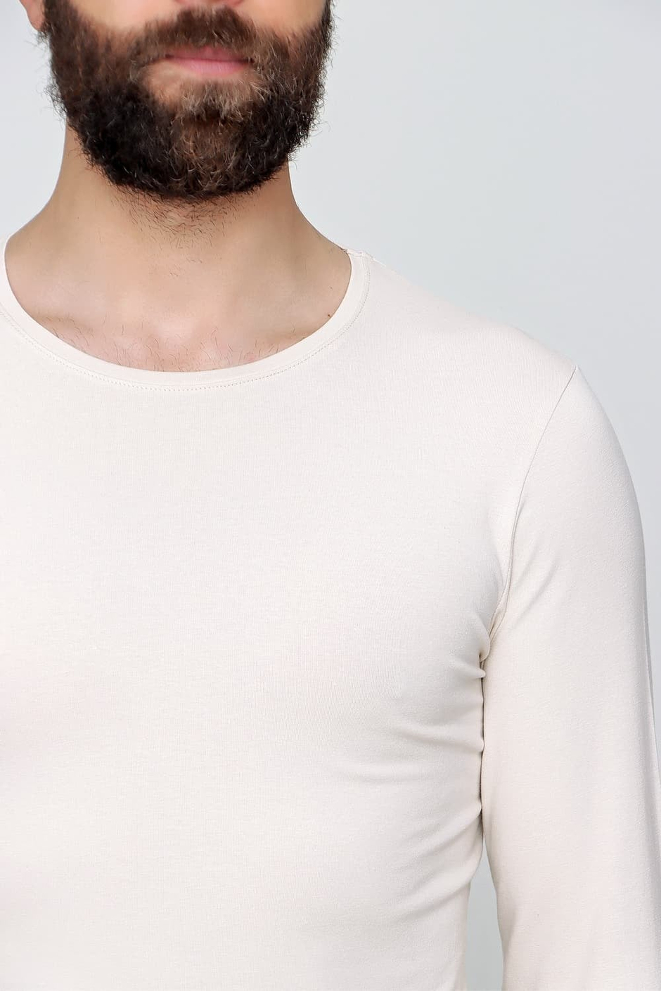 Slim Fit Esnek Pamuklu Bisiklet Yaka Uzun Kollu Bej Tişört TS 830