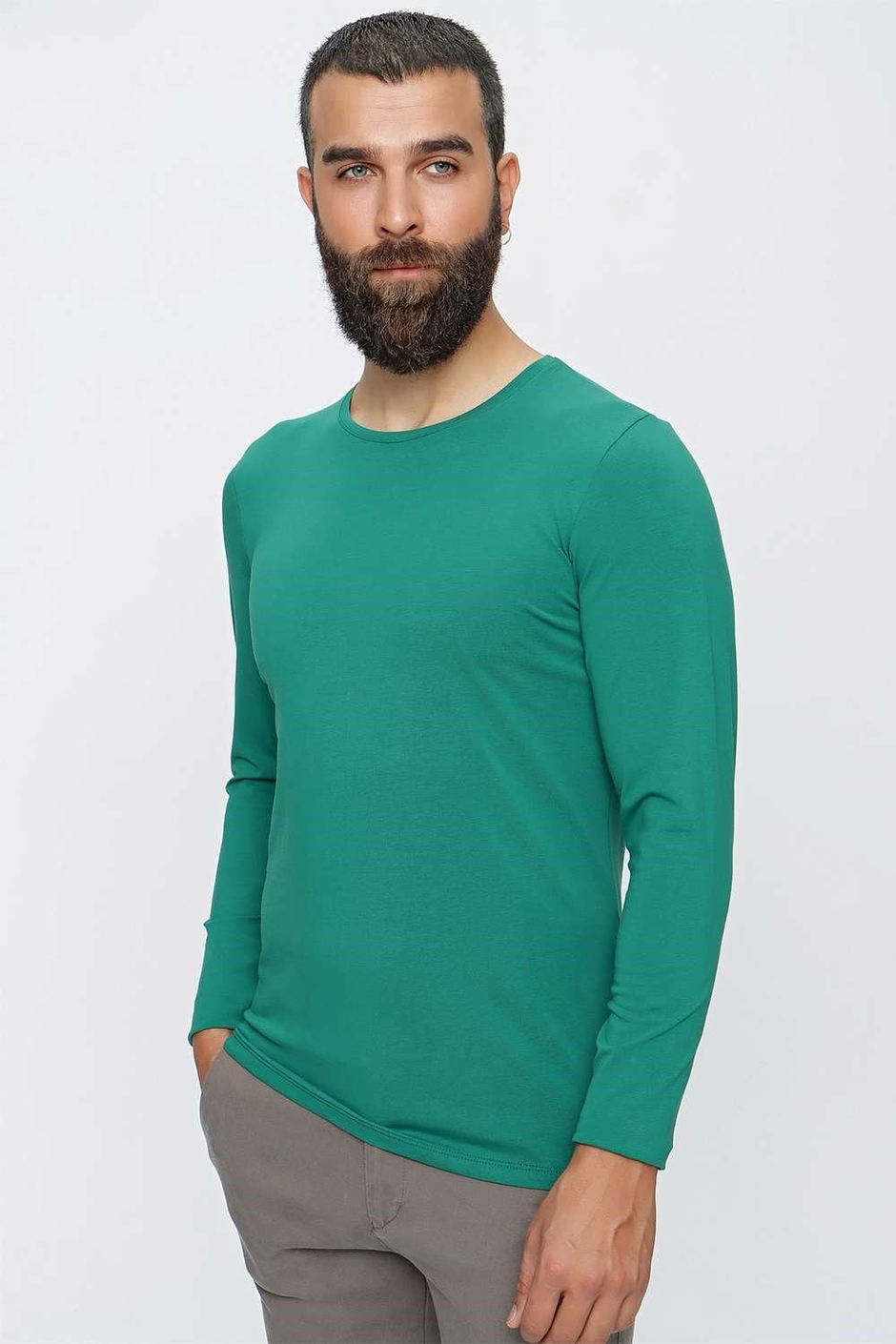 Slim Fit Esnek Pamuklu Bisiklet Yaka Uzun Kollu Yeşil Tişört TS 830