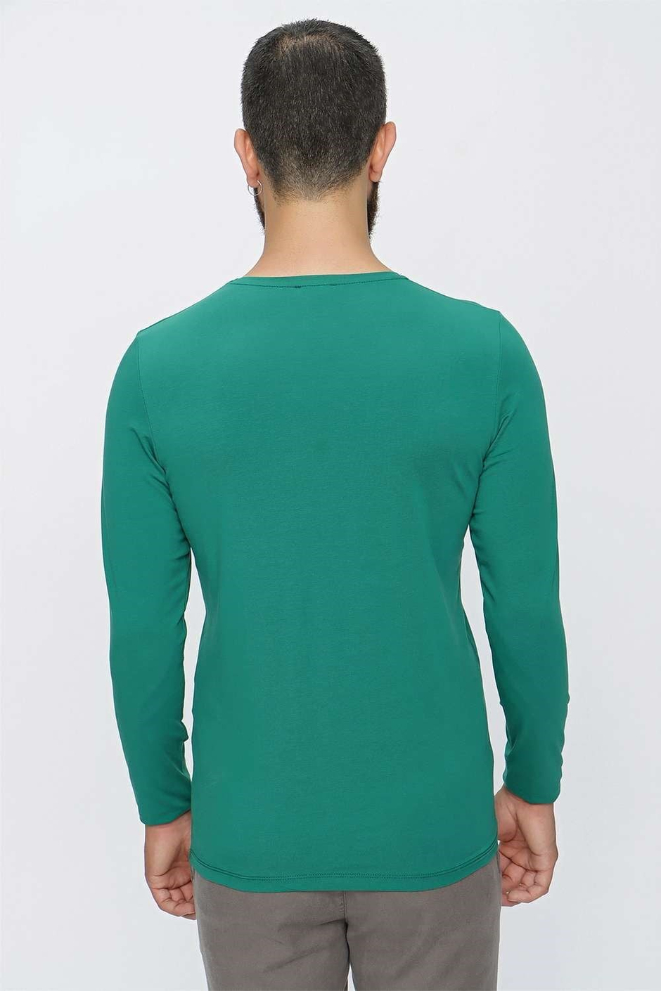 Slim Fit Esnek Pamuklu Bisiklet Yaka Uzun Kollu Yeşil Tişört TS 830