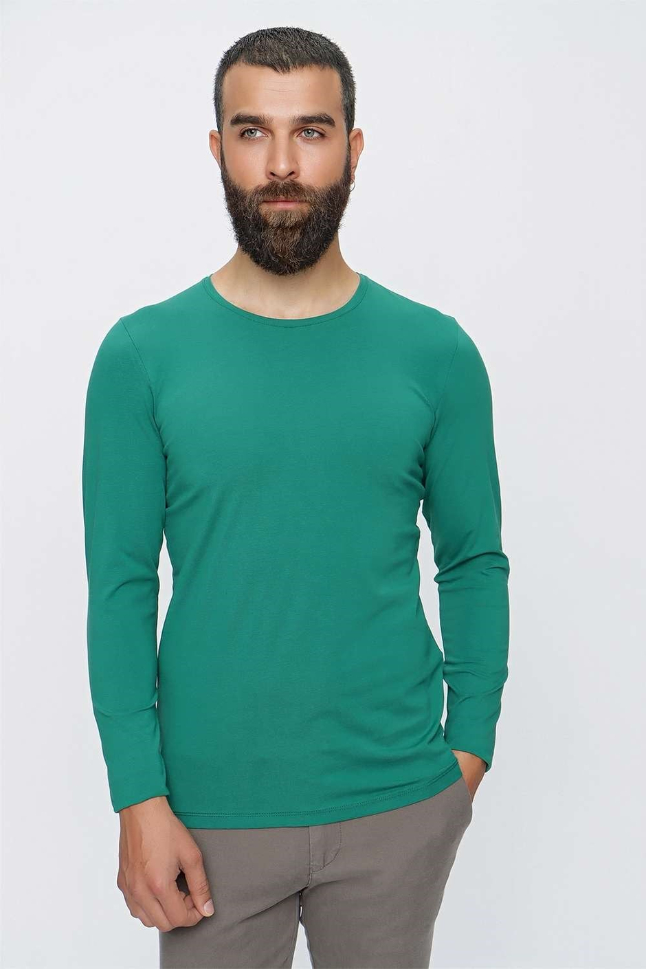 Slim Fit Esnek Pamuklu Bisiklet Yaka Uzun Kollu Yeşil Tişört TS 830