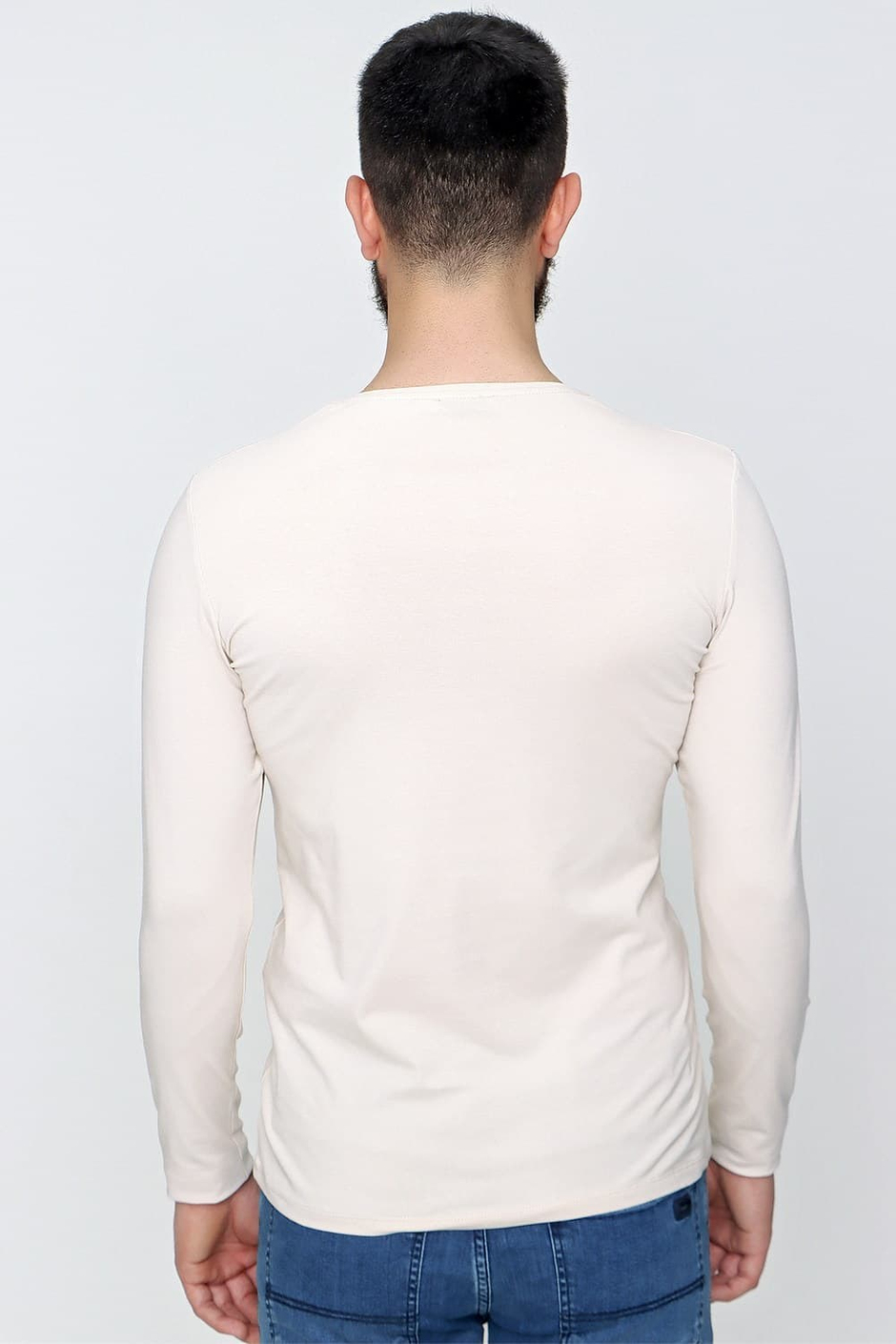 Slim Fit Esnek Pamuklu Bisiklet Yaka Uzun Kollu Bej Tişört TS 830