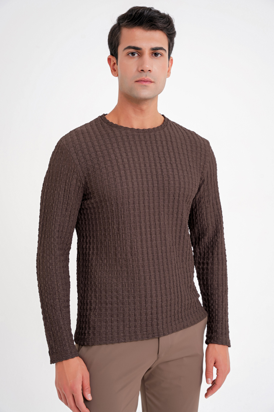 Slim Fit Esnek Pamuklu Dokulu Kumaş Uzun Kollu Kahverengi Tişört TS 934
