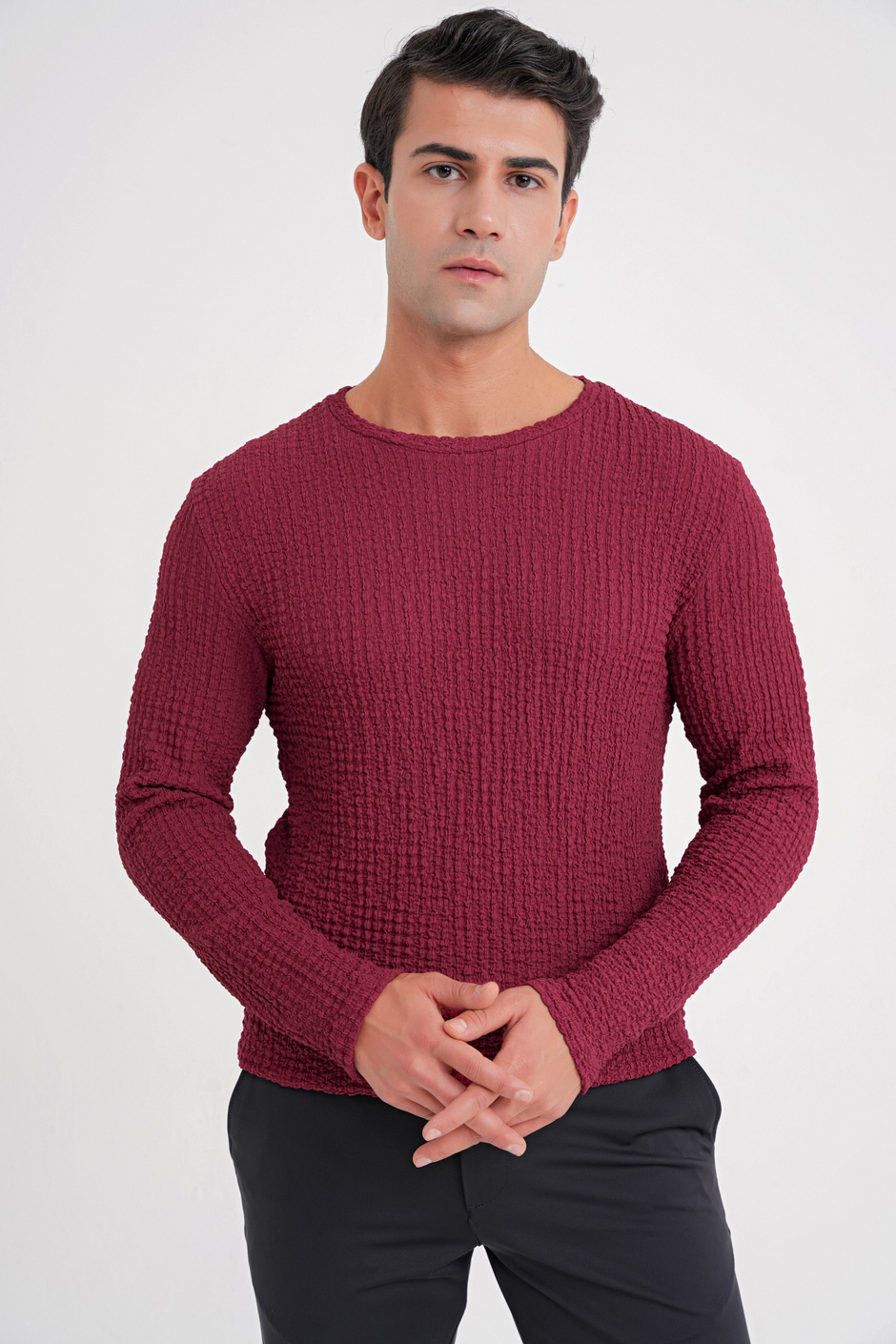 Slim Fit Esnek Pamuklu Dokulu Kumaş Uzun Kollu Bordo Tişört TS 934