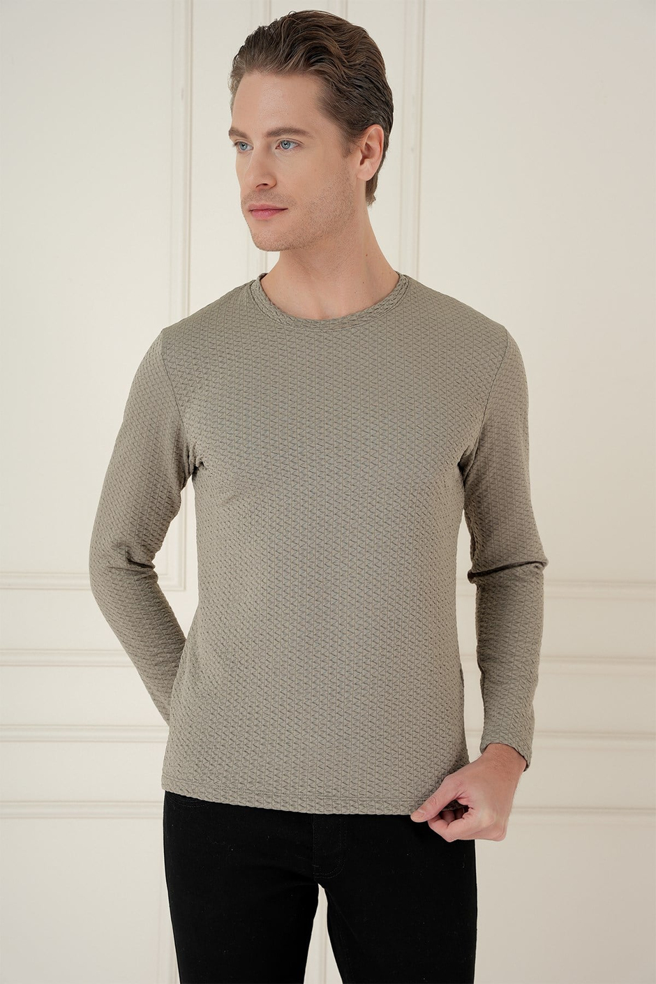 Slim Fit Esnek Pamuklu Dokulu Uzun Kollu Gri Tişört TS 889