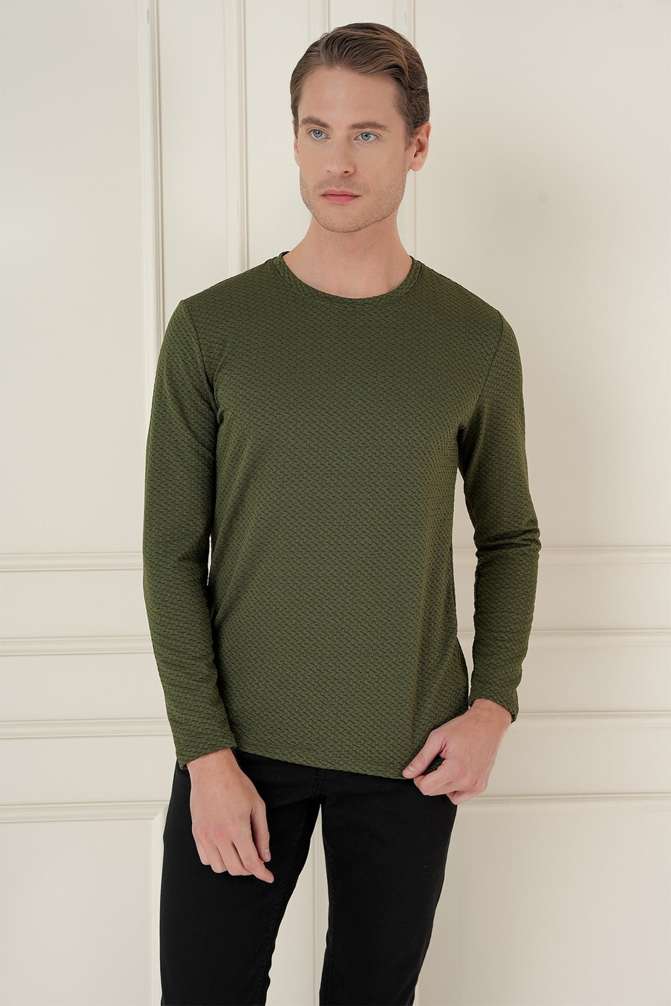 Slim Fit Esnek Pamuklu Dokulu Uzun Kollu Haki Tişört TS 889
