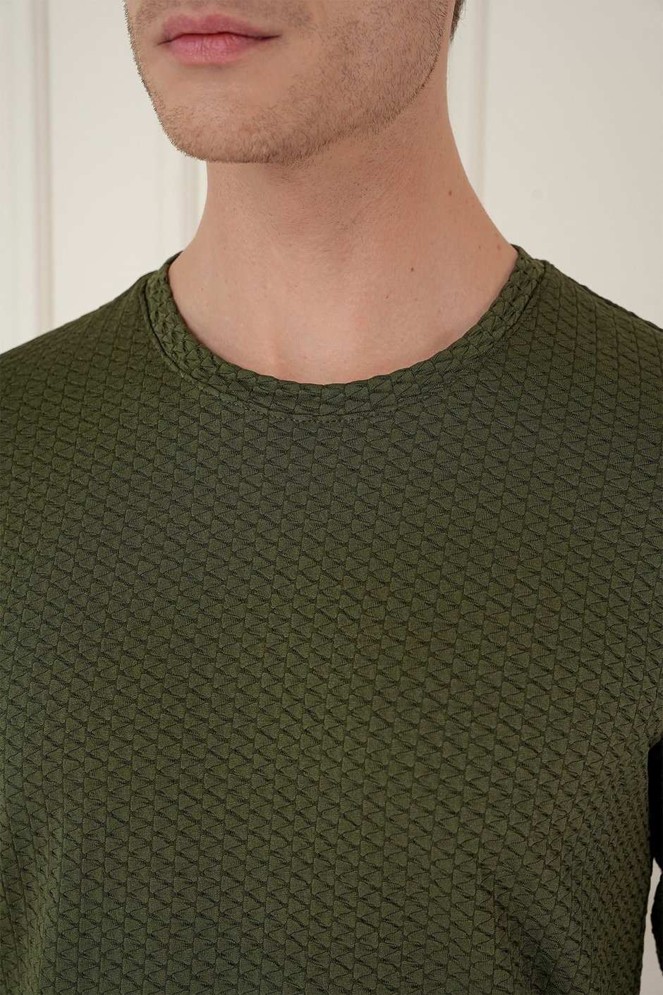 Slim Fit Esnek Pamuklu Dokulu Uzun Kollu Haki Tişört TS 889