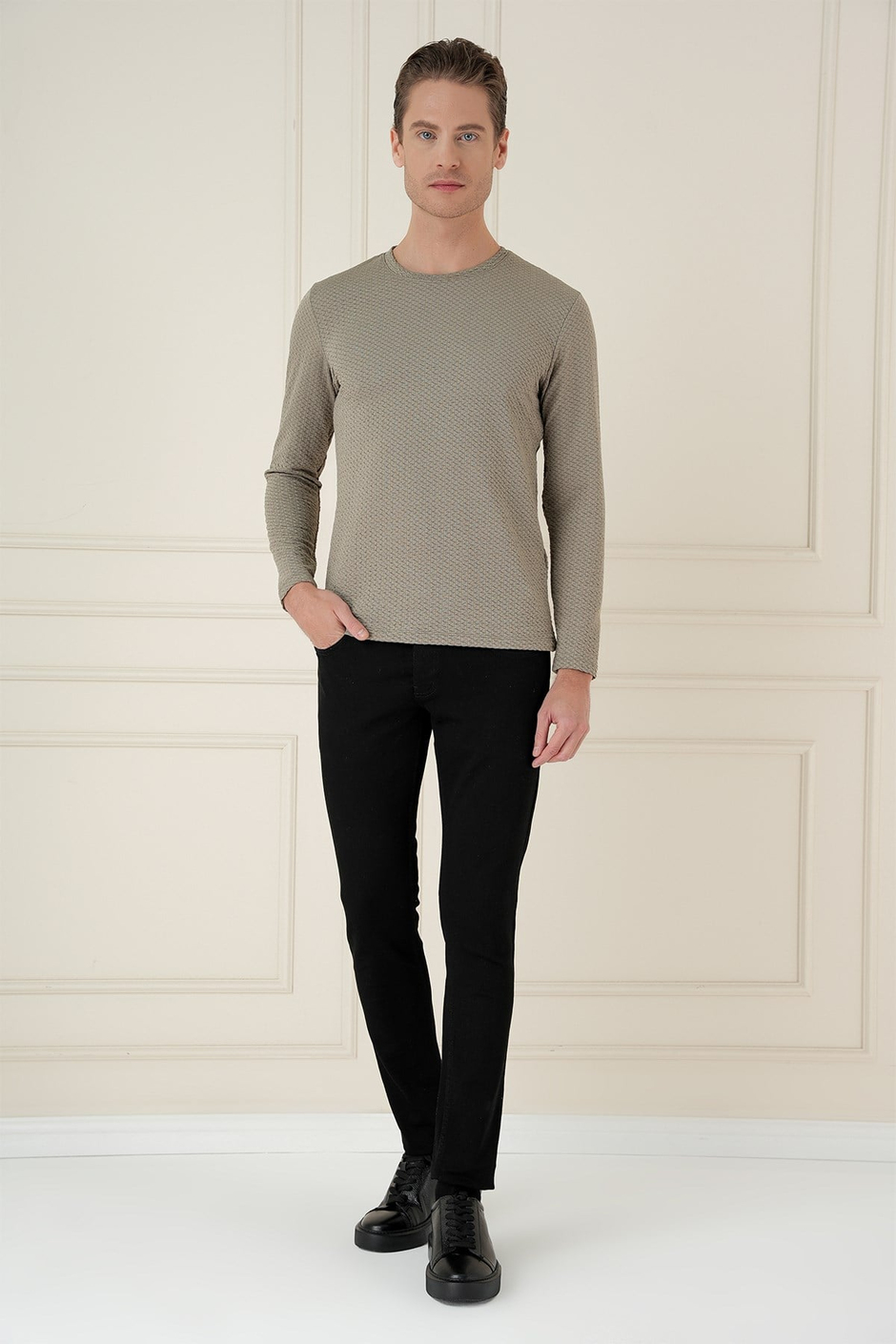 Slim Fit Esnek Pamuklu Dokulu Uzun Kollu Gri Tişört TS 889