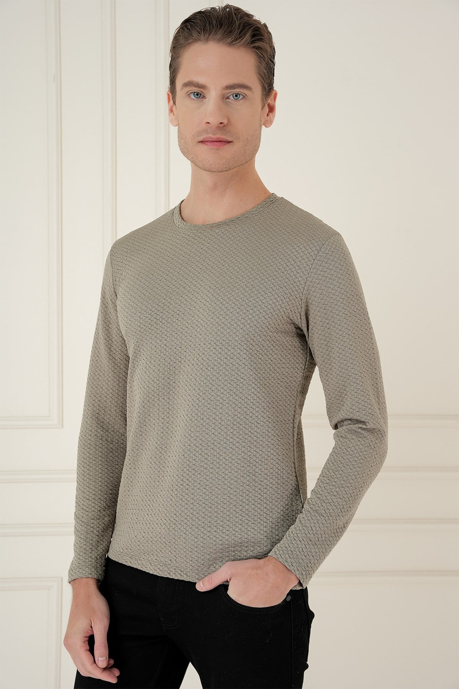 Slim Fit Esnek Pamuklu Dokulu Uzun Kollu Gri Tişört TS 889