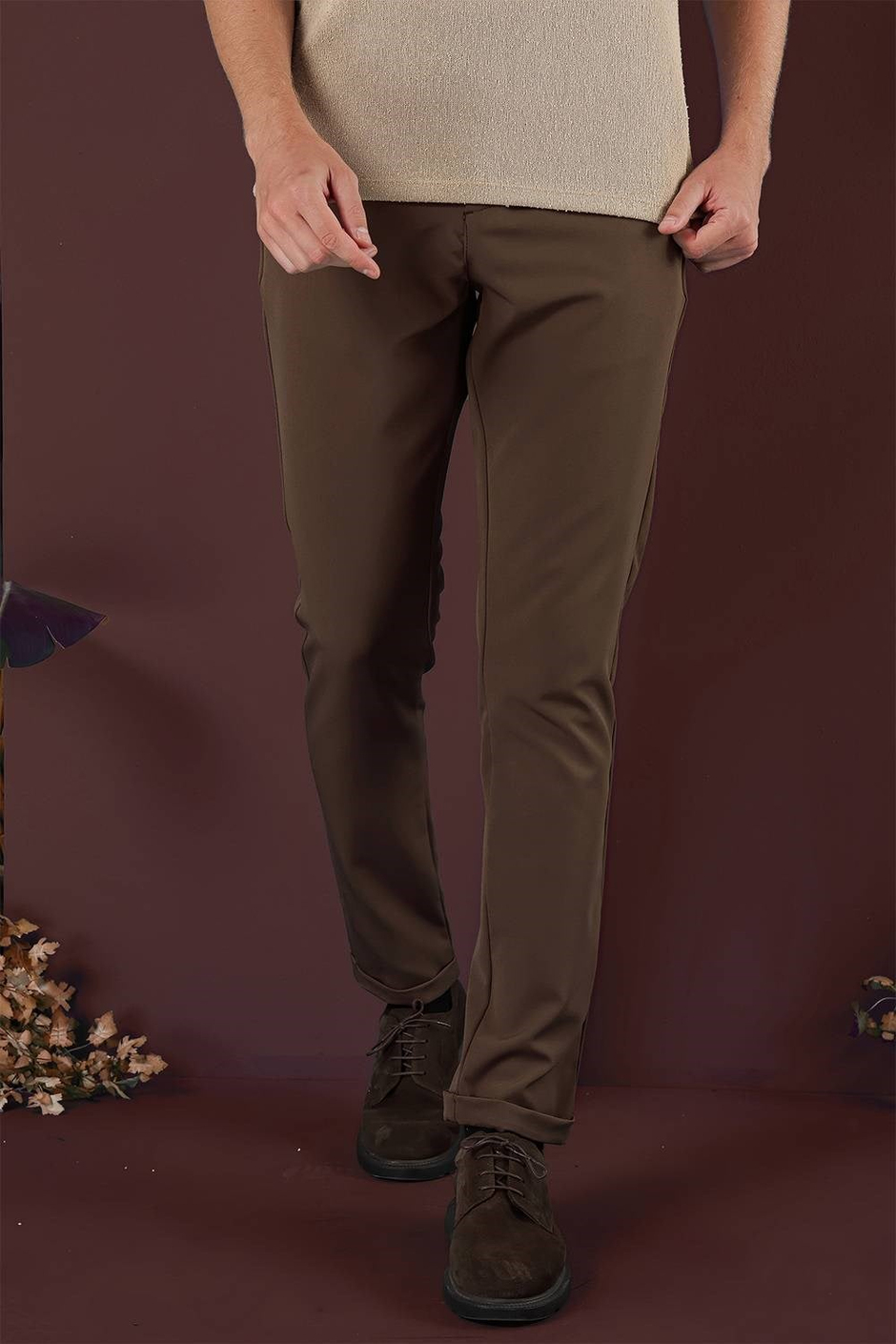 Slim Fit Esnek Pamuklu Duble Paça Tütün Pantolon P 1135