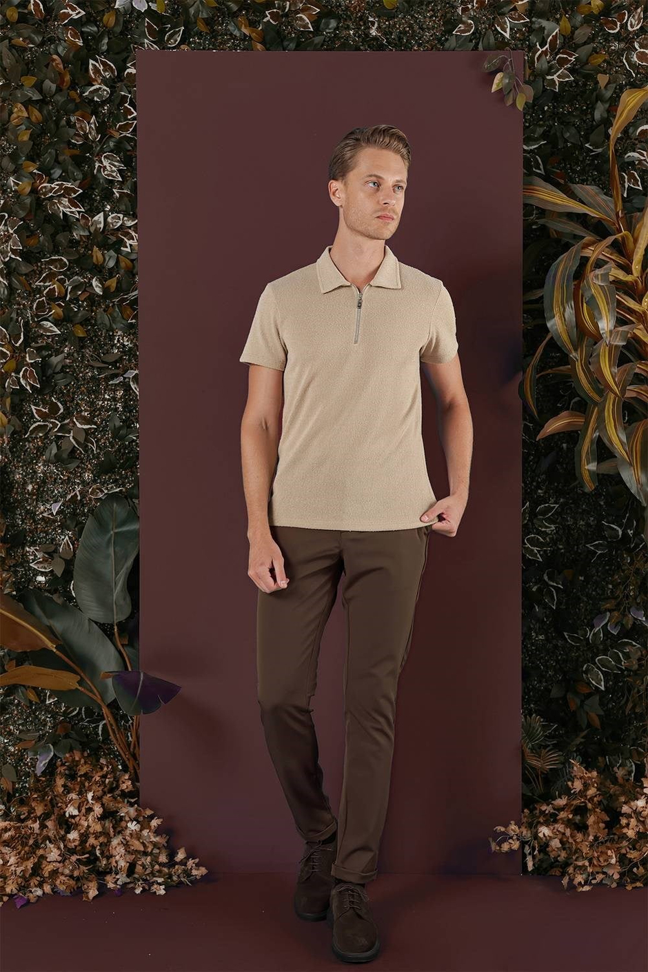 Slim Fit Esnek Pamuklu Duble Paça Tütün Pantolon P 1135