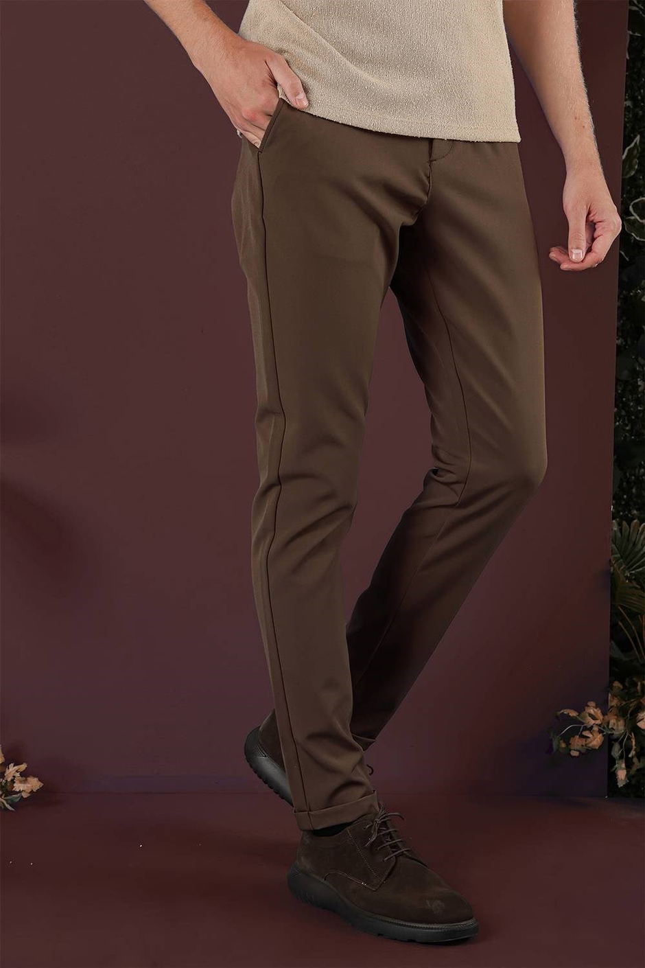 Slim Fit Esnek Pamuklu Duble Paça Tütün Pantolon P 1135
