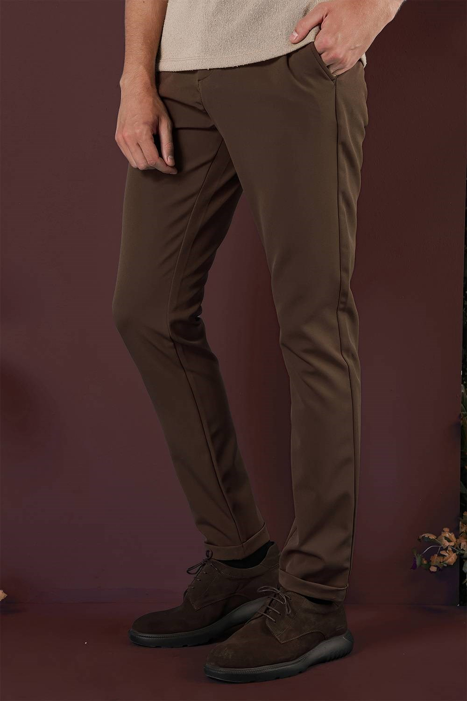 Slim Fit Esnek Pamuklu Duble Paça Tütün Pantolon P 1135