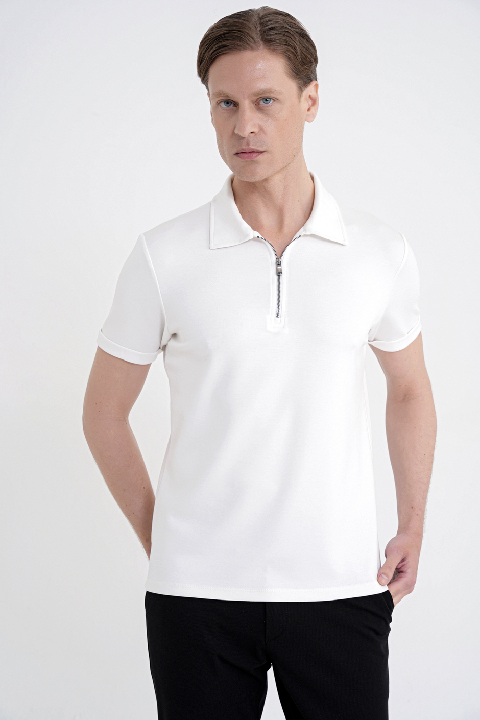Slim Fit Esnek Pamuklu Fermuarlı Polo Yaka Ekru Tişört TS 926