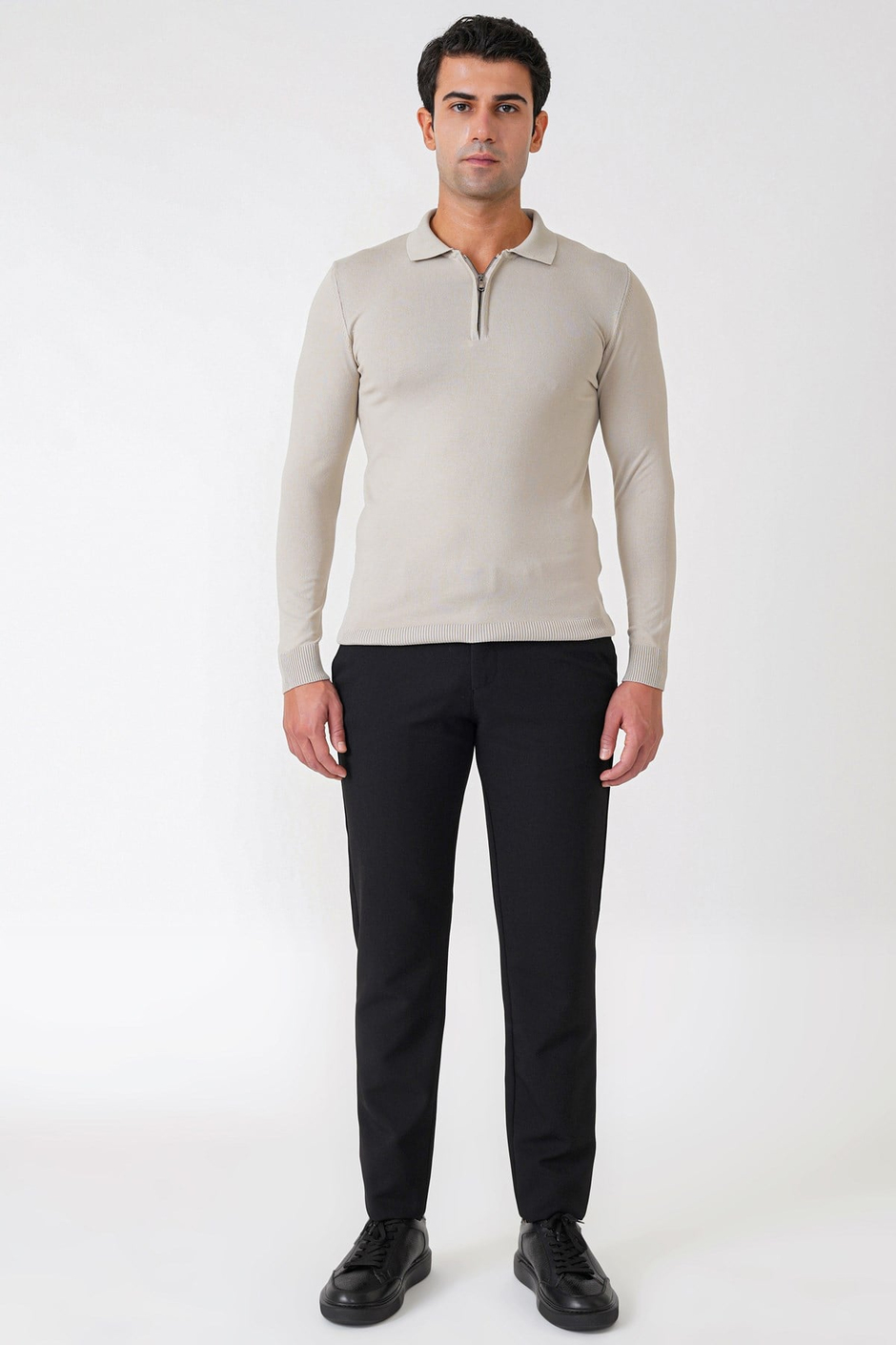 Slim Fit Esnek Pamuklu Fermuarlı Polo Yaka Taş Triko TR 902