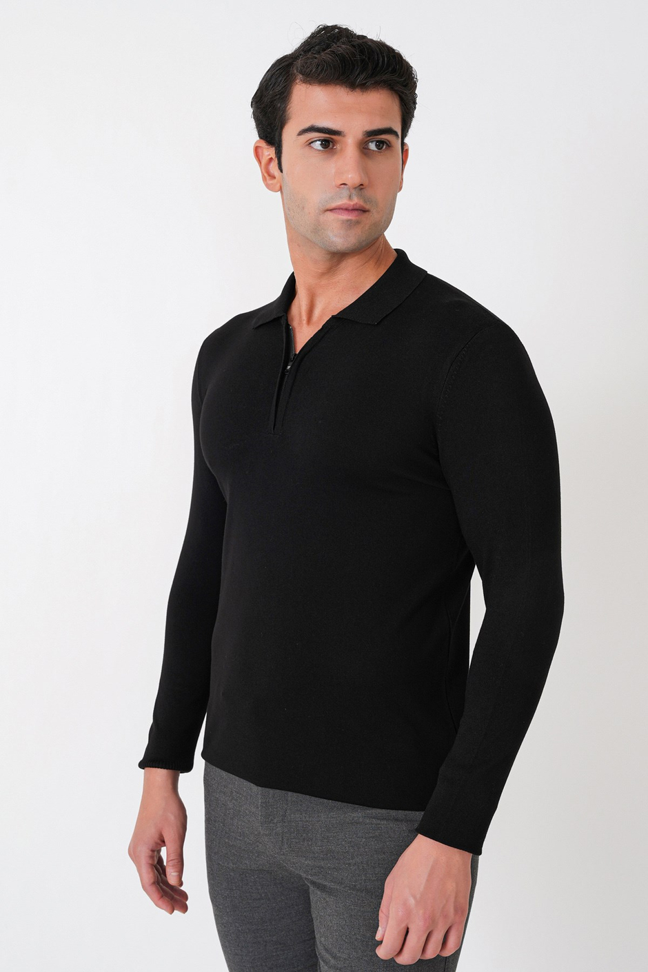 Slim Fit Esnek Pamuklu Fermuarlı Polo Yaka Siyah Triko TR 902