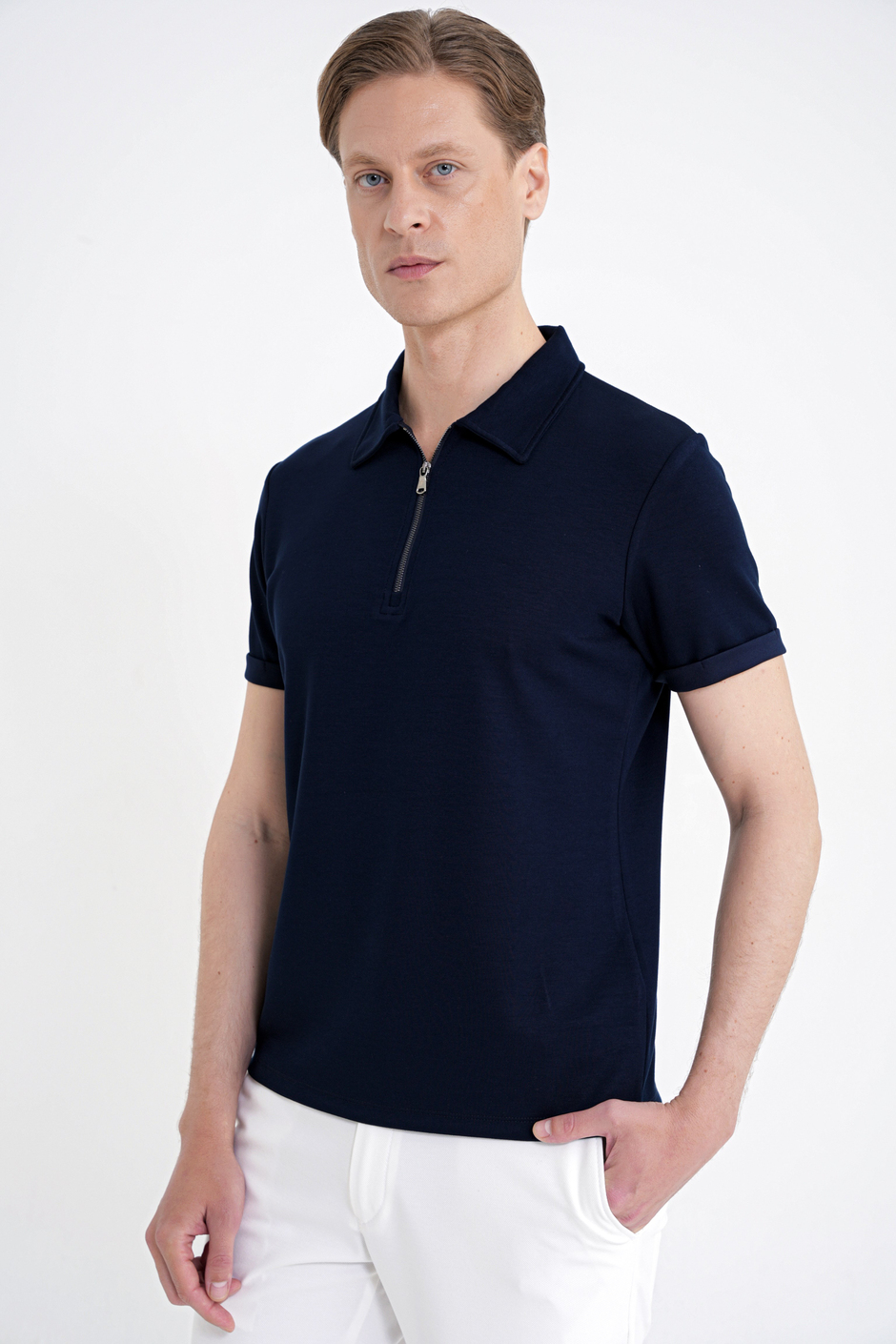 Slim Fit Esnek Pamuklu Fermuarlı Polo Yaka Lacivert Tişört TS 926