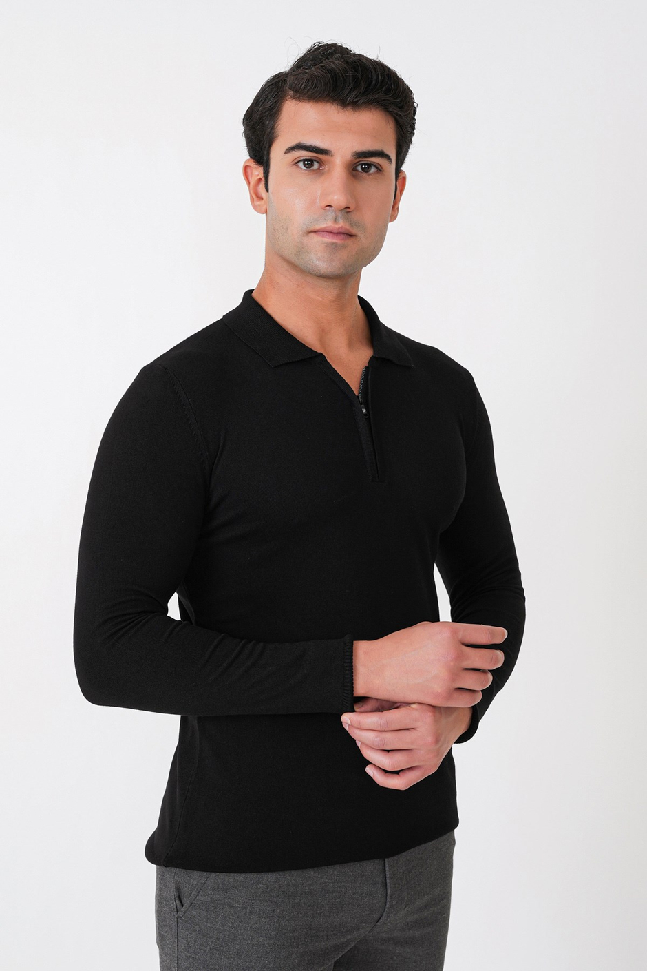 Slim Fit Esnek Pamuklu Fermuarlı Polo Yaka Siyah Triko TR 902