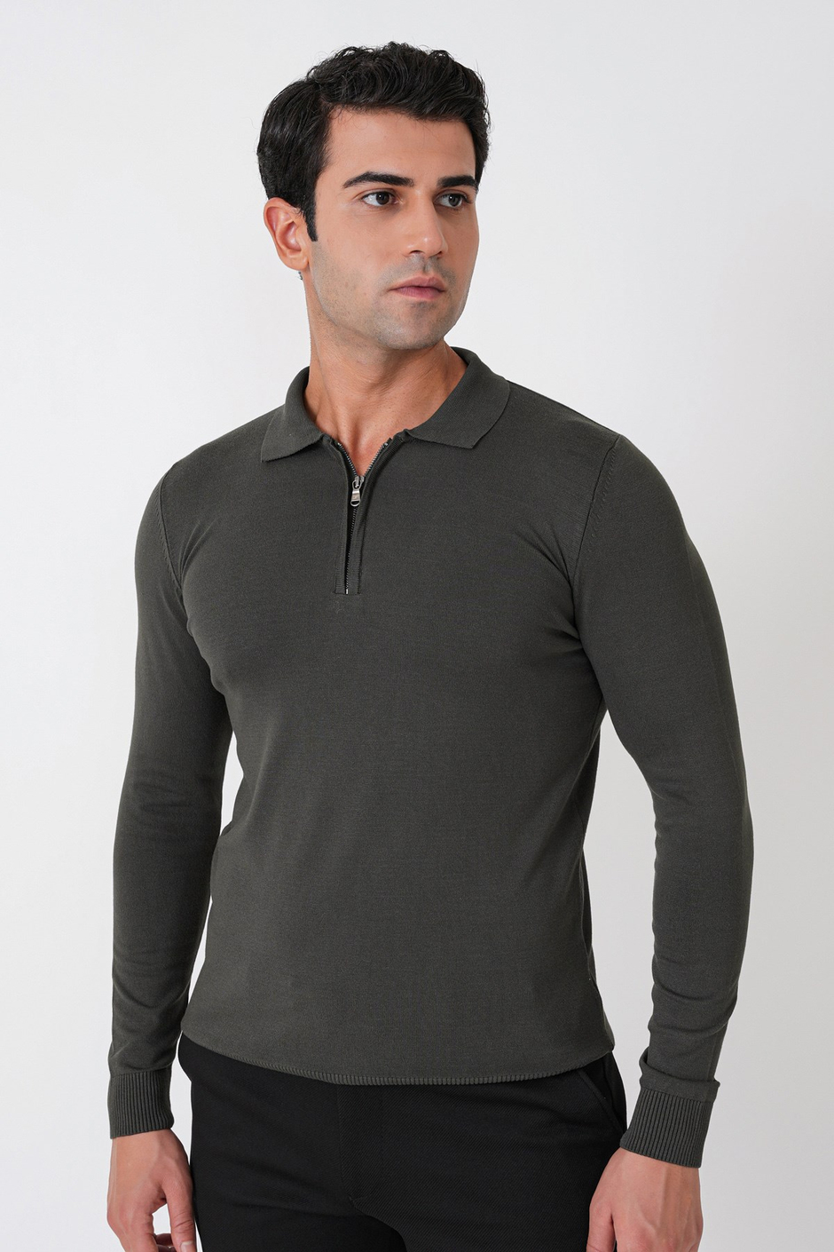 Slim Fit Esnek Pamuklu Fermuarlı Polo Yaka Haki Triko TR 902