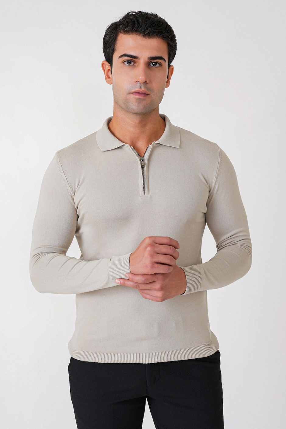 Slim Fit Esnek Pamuklu Fermuarlı Polo Yaka Taş Triko TR 902