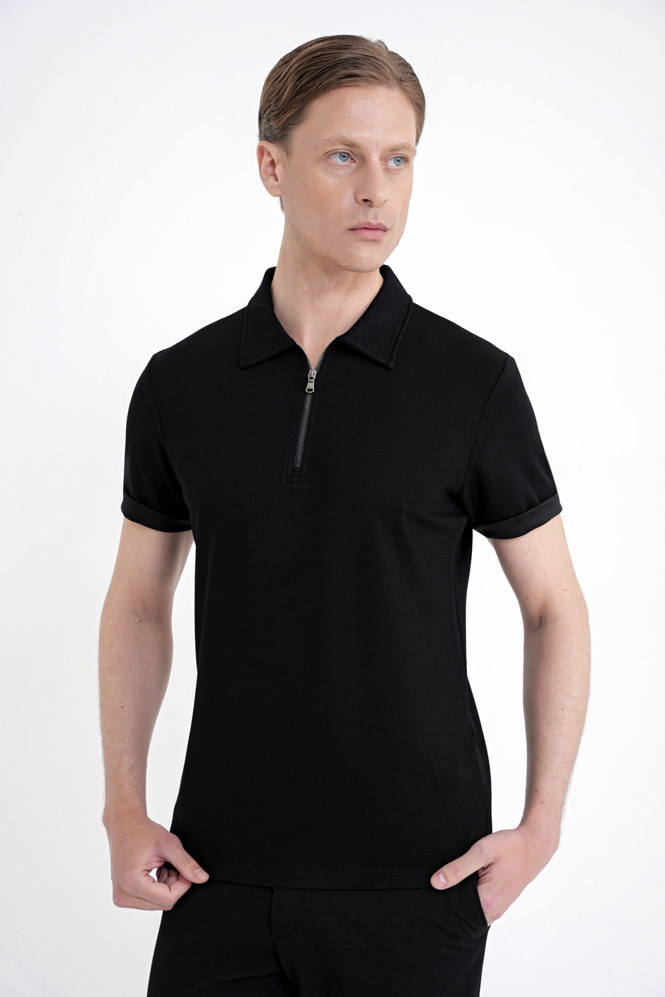 Slim Fit Esnek Pamuklu Fermuarlı Polo Yaka Siyah Tişört TS 926
