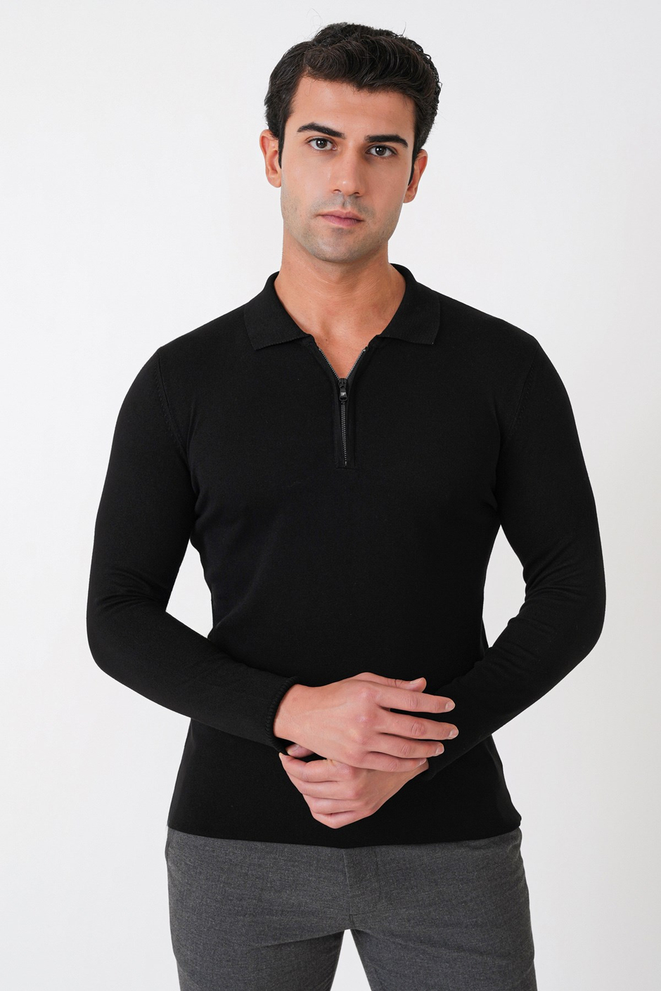 Slim Fit Esnek Pamuklu Fermuarlı Polo Yaka Siyah Triko TR 902